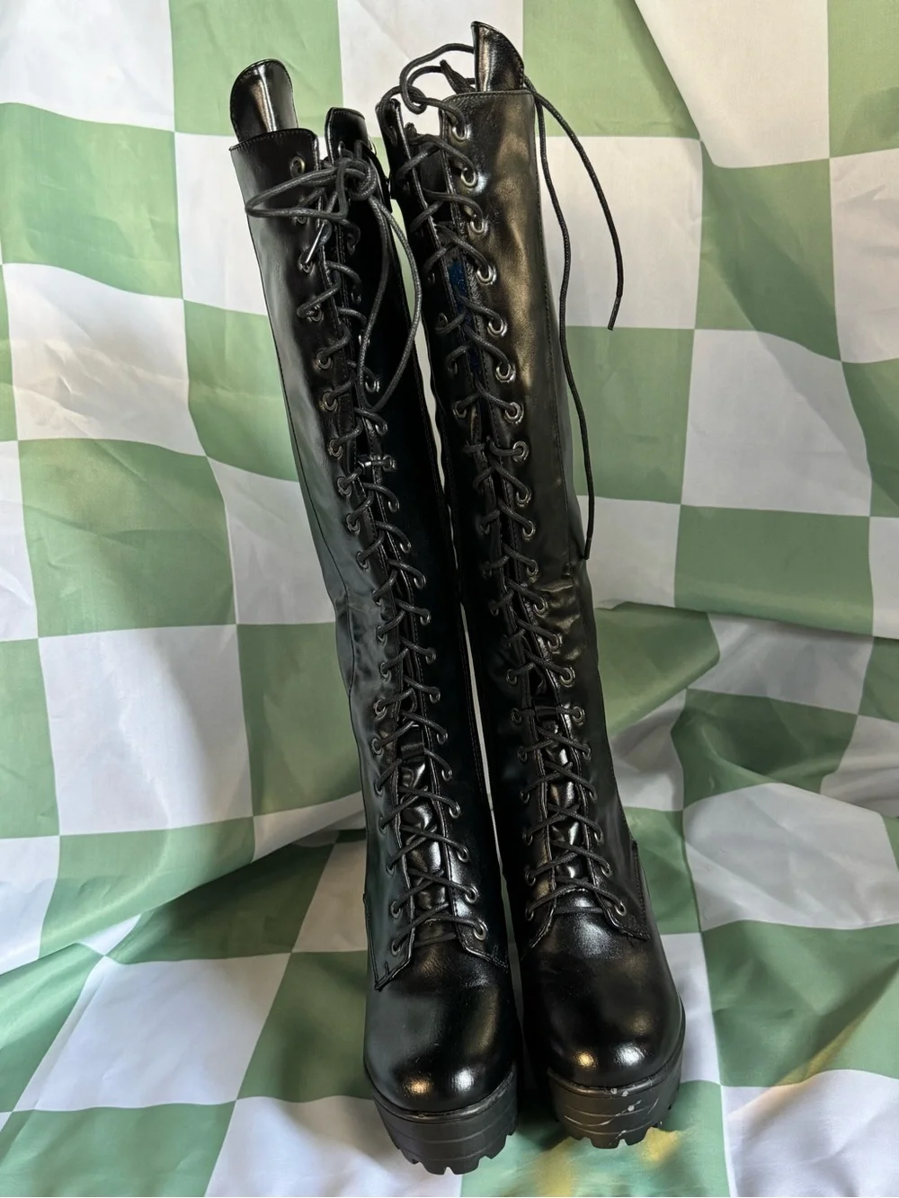 Black Lace-Up Platform Knee-High Boots - Women